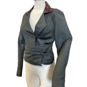 Grey Dries Van Noten Moto-Jacket with Plum Brocade Accents